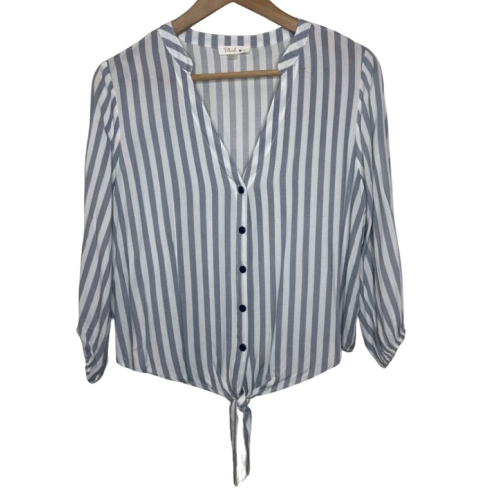 BLUSH J | Women's Blue & White Striped Button Up Tie Front Blouse | Size L